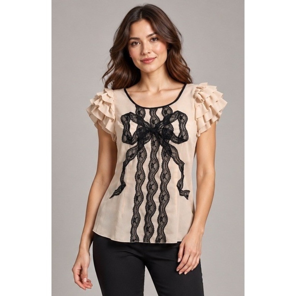 Lipsy London Cream Silk Ruffle Sleeve Blouse Black Lace Bow Coquette Top Sz 6